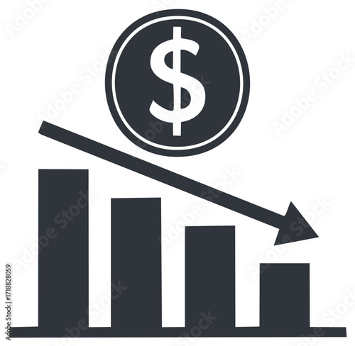 Dollar sign with a decreasing bar graph and downward arrow illustrating financial loss or economic downturn