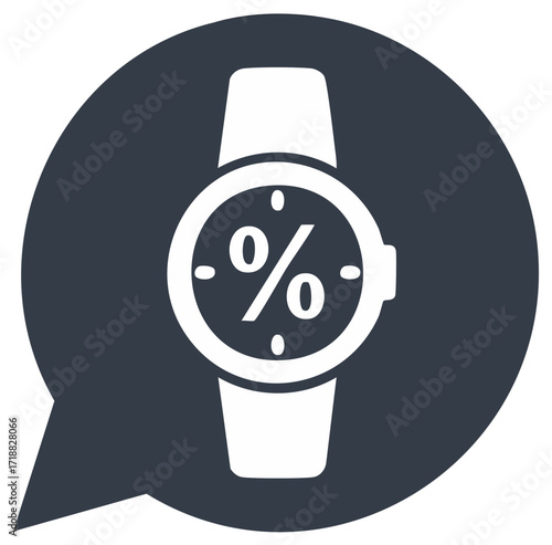 Watch with percentage symbol, discount icon within speech bubble