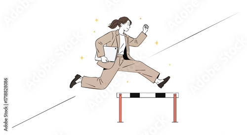 Dynamic businesswoman jumps over hurdle with laptop, achieving success and career goals with determination and confidence on white background
