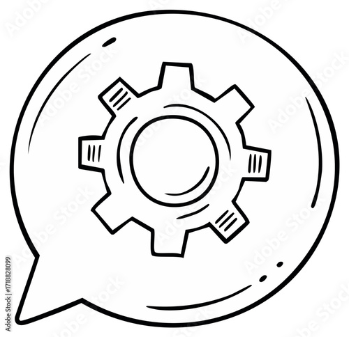 Hand drawn gear inside a speech bubble icon representing mechanical thinking and problem solving