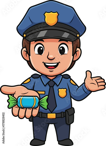 friendly police officer cartoon sharing sweetness, community spirit, isolated on transparent background