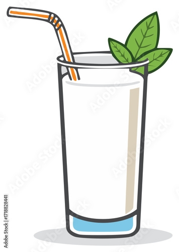 Refreshing beverage illustration, cocktail with straw, leaves, isolated.