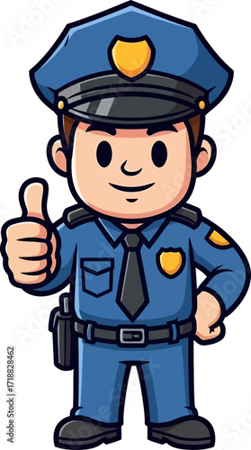 friendly police officer cartoon thumbs up for safety, isolated on transparent background