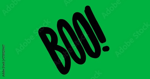 Graphic designer adding stylized Boo! text on transparent background, showing bold black lettering