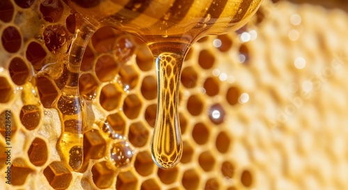Dripping honey on natural honeycomb structure macro food sweetness and bee product