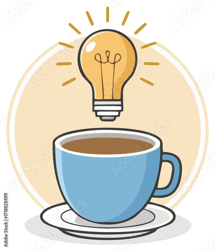 Coffee cup and glowing lightbulb symbolize brainstorming, ideas, creativity, and problem-solving in a warm, inviting ambiance.