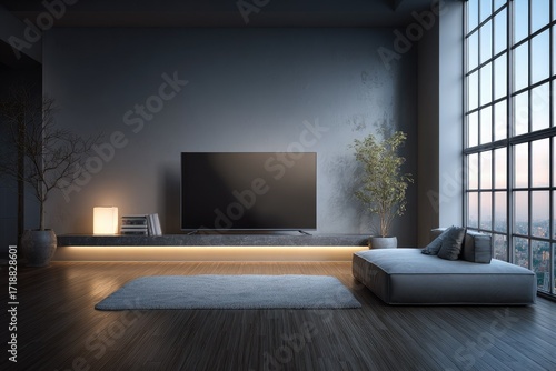 Modern living room with large TV, low light, and city view