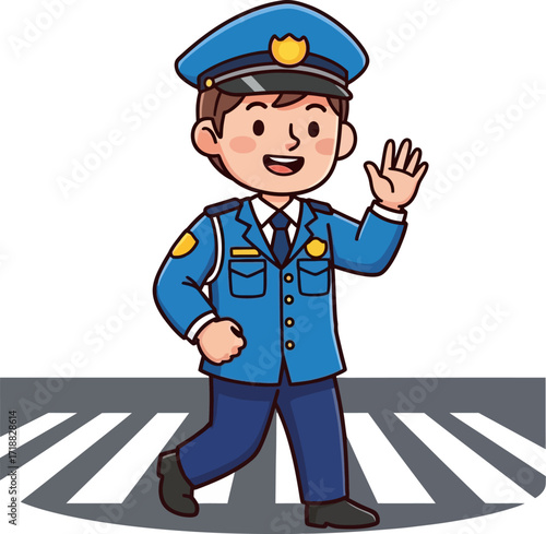 friendly police officer crossing the street a cartoon wave, isolated on transparent background