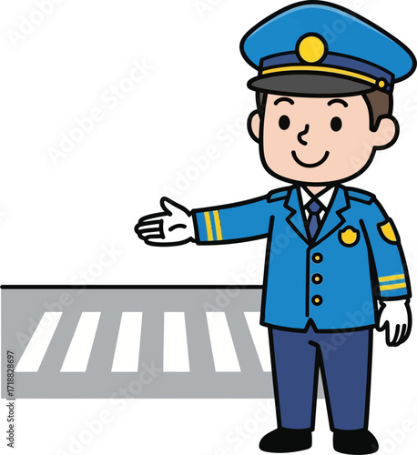 friendly police officer directing traffic at crosswalk safety first cartoon, isolated on transparent background