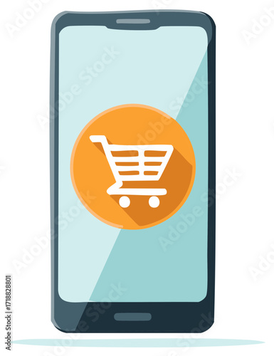 Smartphone showcasing online shopping concept with shopping cart icon on screen in illustration.
