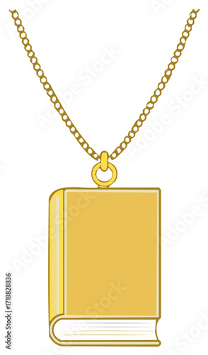 Golden book locket pendant hanging on a chain necklace cartoon illustration