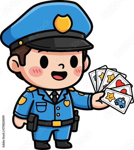 friendly police officer distributing joyful cards a charming cartoon illustration, isolated on transparent background