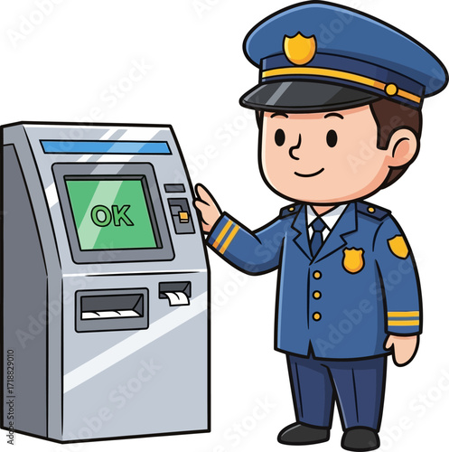 friendly police officer securing atm transaction cartoon illustration, isolated on transparent background