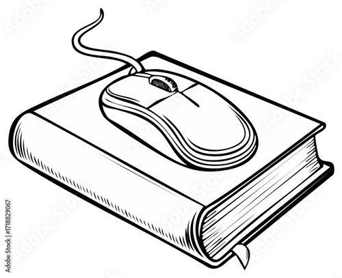 Computer mouse on a closed book, representing digital learning and online research