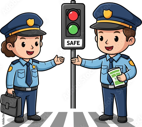 friendly police officers ensuring safe crossing, isolated on transparent background