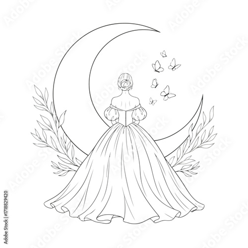 Vector illustration of illustration of woman in elegant dress with moon and butterflies