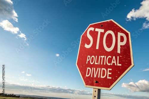Stop political divide red octagon sign against dramatic cloudy sky and landscape