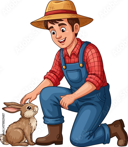 gentle farmers affectionate bunny care a charming countryside cartoon, isolated on transparent background