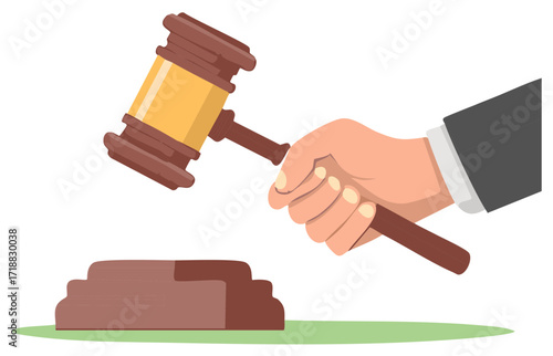 Hand in suit holding auctioneer's gavel above sounding block