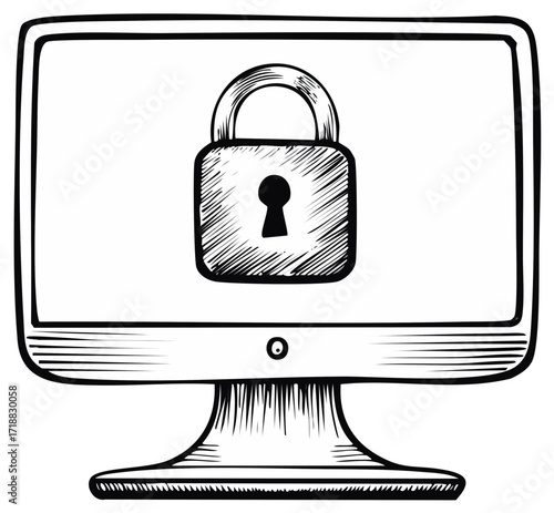 Hand drawn computer monitor with lock icon for digital security