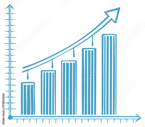 Hand drawn blue bar graph illustrating upward growth and positive trend
