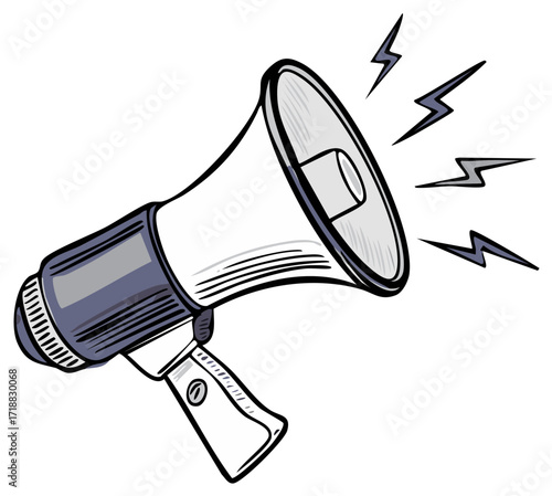Hand drawn illustration of a cartoon megaphone or bullhorn making a loud announcement with sound waves