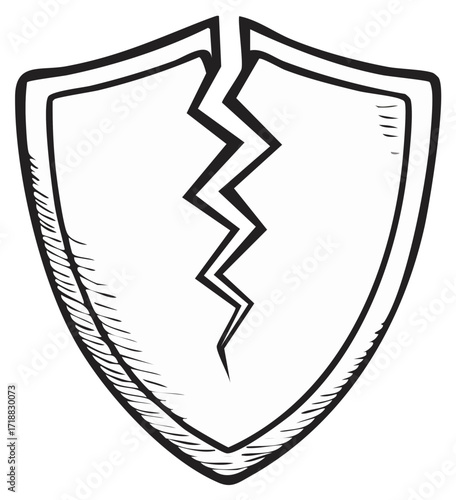 Sketch illustration of broken shield, symbol of vulnerability, insecurity, or defeat. Hand-drawn style.