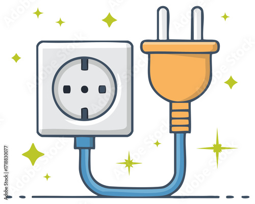 Cartoon illustration of electrical outlet and plug with sparks