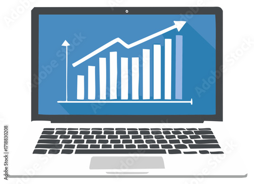 Laptop displaying growing financial data graph, arrow pointing up