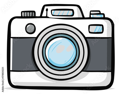 Simple cartoon drawing of a classic style digital camera with a prominent lens and flash
