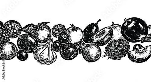 Vibrant linocut style harvest border featuring fresh fruits and vegetables evoking a bountiful garden and healthy eating lifestyle