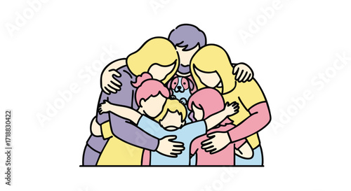 Joyful family and dog embrace in a warm, loving hug, celebrating togetherness and cherished moments that warm the heart.