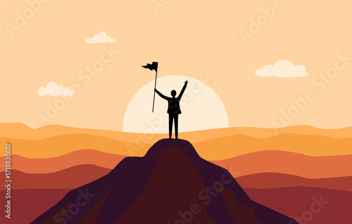 Business, Success, Leadership, Achievement and people concept. Silhouette of a businessman holding flag on mountain top over the sky and sunset background. 