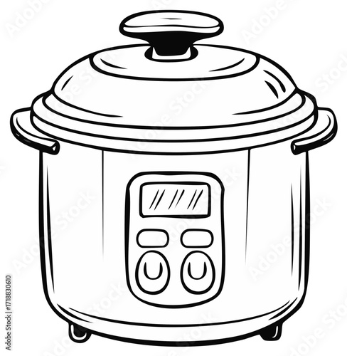 Modern kitchen appliance with digital display and control buttons for cooking