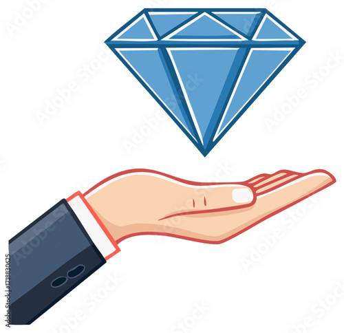 Blue Diamond on Hand - Luxury Symbol, Gift Offering, Business Investment, Illustration Design