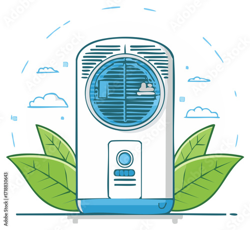 Modern portable air conditioner illustration with green leaves for eco friendly cooling and purification concept