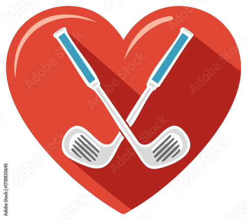 Vector Illustration of Crossed Golf Clubs on a Red Heart Symbol of Love for Golfing