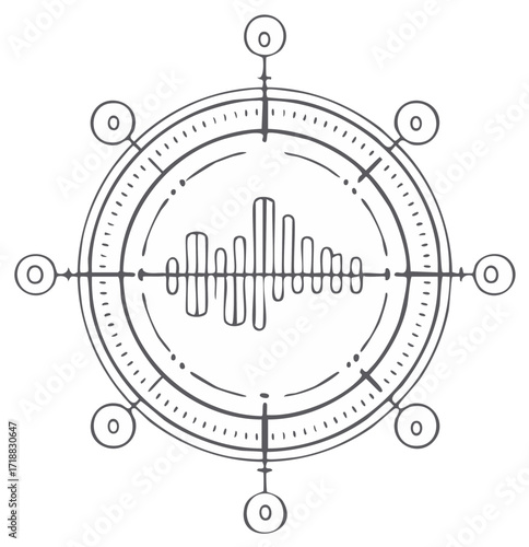 Audio Signal within Round Measuring Device Hand Drawn Line Art Illustration