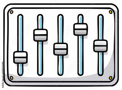 Five vertical sliders on a sound mixer control panel with blue stems and gray knobs
