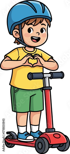 happy child with scooter showing heart sign, isolated on transparent background