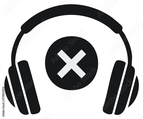 Headphones symbol with mute sign, wireless headset icon, vector graphic for sound off, volume control