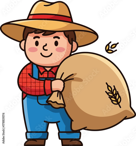 happy farmer carrying a bountiful wheat harvest, isolated on transparent background