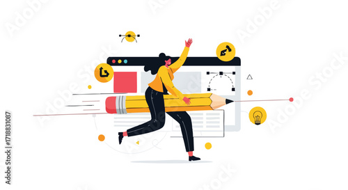 Dynamic graphic designer sprinting with a giant pencil, navigating the creative process and bringing innovative ideas to life with speed and inspiration