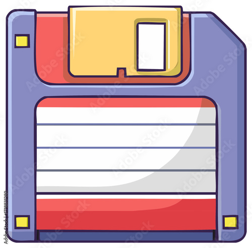 Cartoon styled computer floppy disk with label in red, white, and grey color scheme