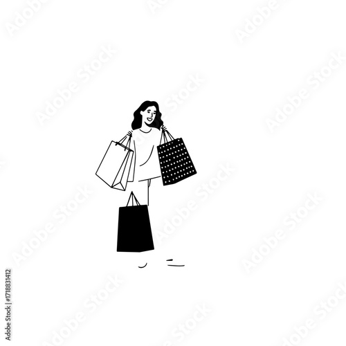 Black and white line art of a beautiful happy woman carrying shopping bags minimalist cheerful illustration