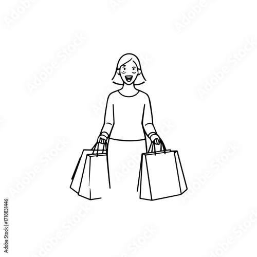 Black and white line art of a beautiful happy woman carrying shopping bags minimalist cheerful illustration