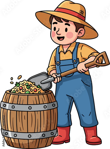 happy farmer composting a cheerful cartoon illustration of sustainable farming practices, isolated on transparent background