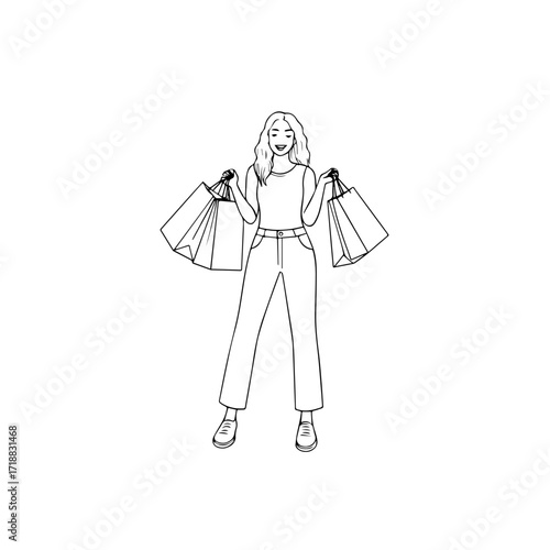 Black and white line art of a beautiful happy woman carrying shopping bags minimalist cheerful illustration