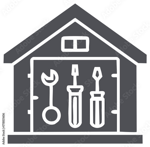 Garage workshop solid icon with hanging tools for home repair and DIY projects