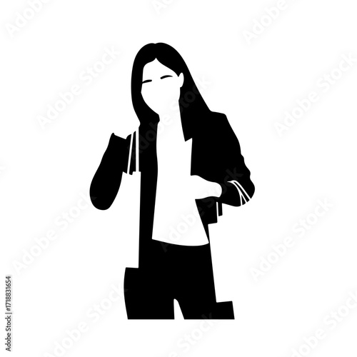 Black and white line art of a beautiful happy woman carrying shopping bags minimalist cheerful illustration